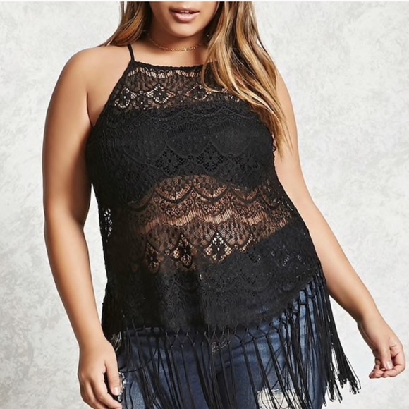 Forever 21 Tops - Long Fringe & Lace Sleeveless Top